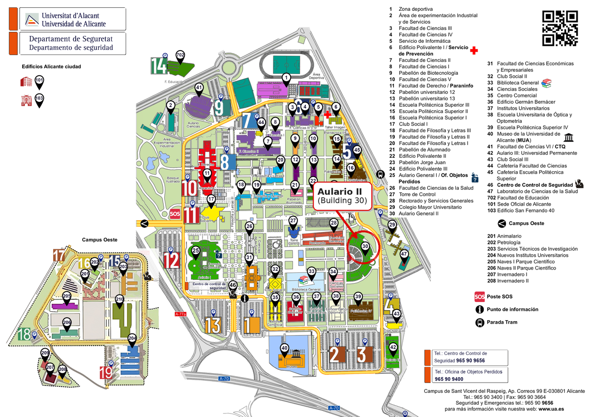 University of Alicante campus map with Aulario II (Building 30) highlighted in red